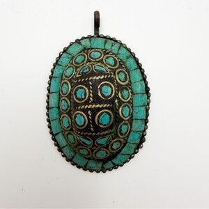 Vintage Tibetan Style Turquoise Mosaic Inlaid Faux Turtle Shell Pendant